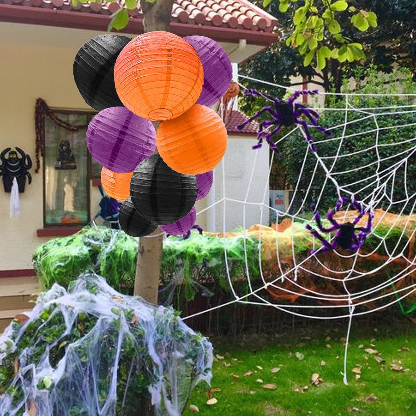 12 Pcs Paper Lanterns Halloween Party Decorations Orange Black Purple Halloween Hanging Paper Lanterns for Horror Party Indoor Outdoor Spooky Home Ceiling Yard Garden Decor Party Supplies Props