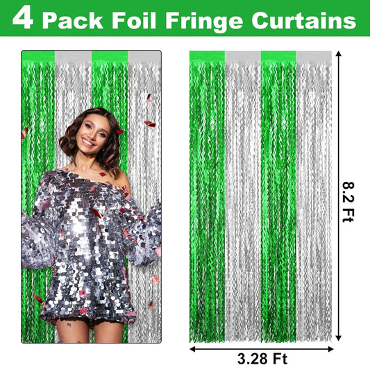 4 Pack Silver Green Fringe Curtain Backdrop 3.2Ft x 8.2Ft Metallic Tinsel Foil Fringe Streamers Background for Photo Booth Mother's Day, Easter, Carnival, Birthday, Wedding Party Decoration
