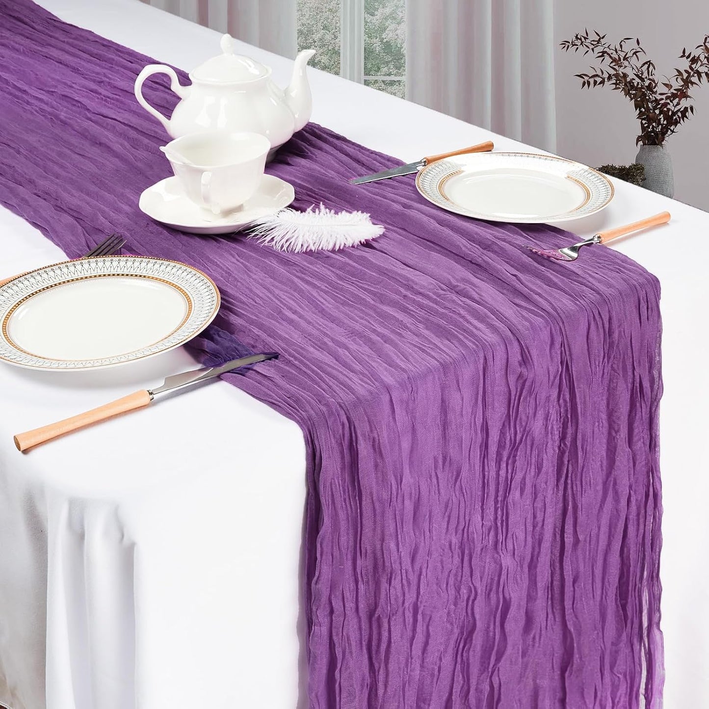 12 Pack Purple Cheesecloth Table Runner 10ft Boho Gauze Fabric Cheese Cloth Table Runner 35 x 120 Inch Rustic Sheer Runner for Romantic Wedding Decor Baby Shower Party Table Centerpiece Decoration
