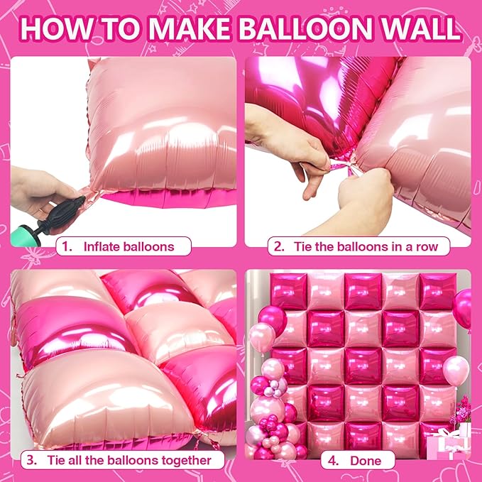 NISOCY 25PCS Hot Magenta Pink Square Foil Balloons Wall Backdrop Double Sided Metallic Pink Balloons Arch Kit for Galentines Valentines Day Bachelorette Birthday Engagement Bridal Party Decorations