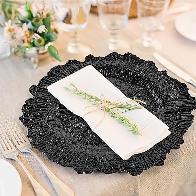 50 Pcs Black Charger Plates Bulk 13 Inch Plastic Charger Plates for Dinner Plate, Black Chargers for Table Setting, Reef Design Plate Floral Decorative Round Chargers for Wedding Party, Event