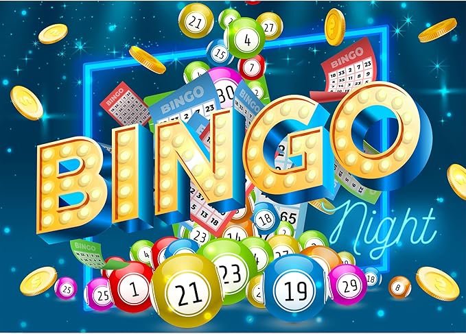 Homewelle Bingo Backdrop 7Wx5H Feet Night Theme Polyester Fabric Snooker Game Time Cards Coins Contest Winning Ball Party Decoration Colorful Adults Gaming Photography Background Photo Shoot Props