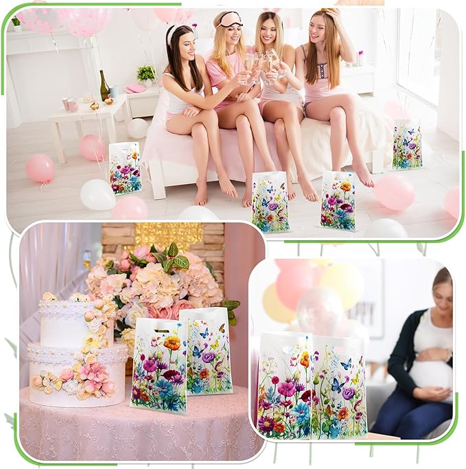 Epakh 100 Pcs Wildflower Gift Bags Bulk Spring Plastic Goody Bags with Handles Wildflower Treat Packing Floral Butterfly Candy Gift Decoration for Baby Shower Summer Floral Birthday Party Supplies