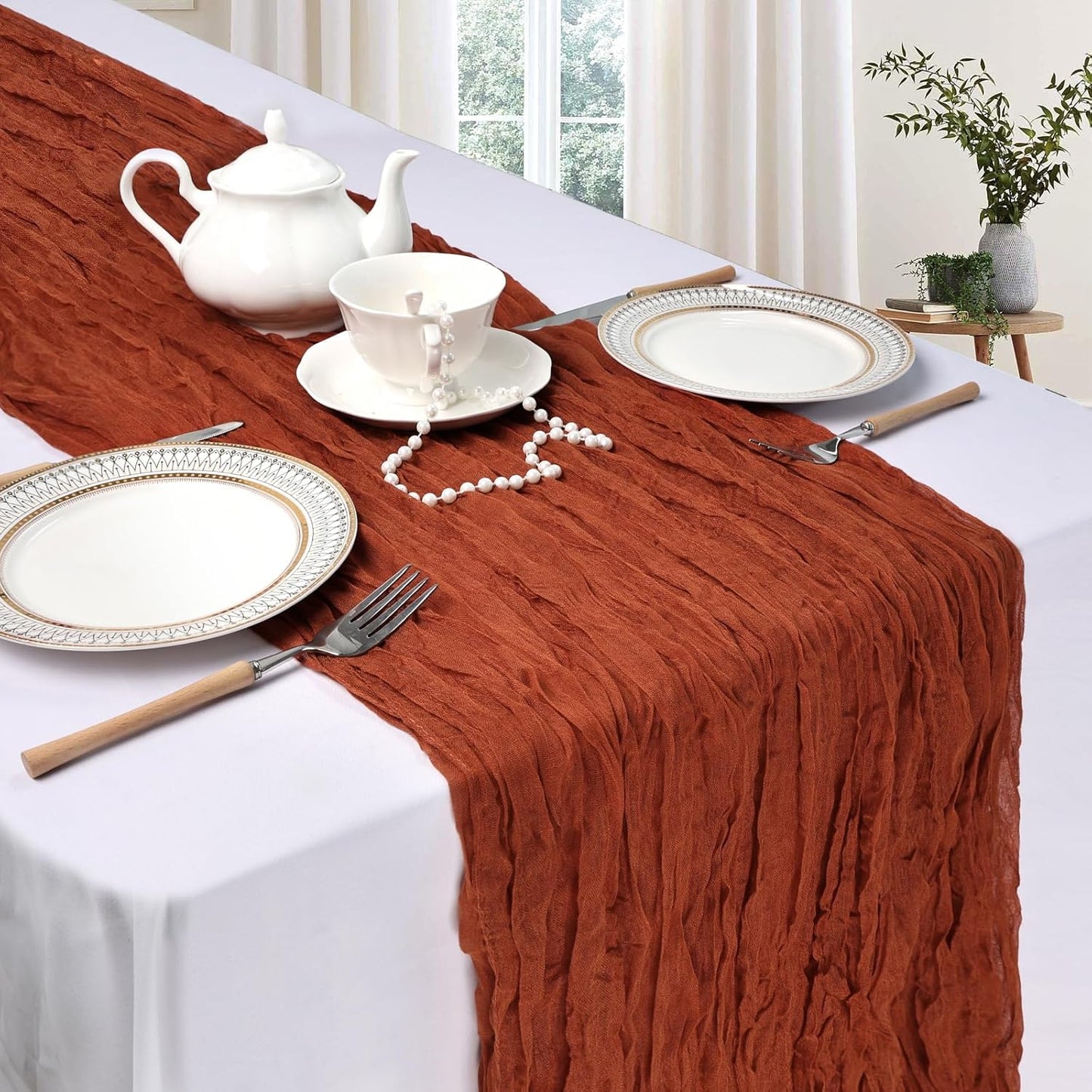 12 Pack Thanksgiving Fall Table Runner Terracotta Cheesecloth 10ft Boho Gauze Fabric Cheese Cloth Burnt Orange Table Runner 35 x 120 Inch Rustic Sheer for Wedding Décor Party Centerpiece Decoration