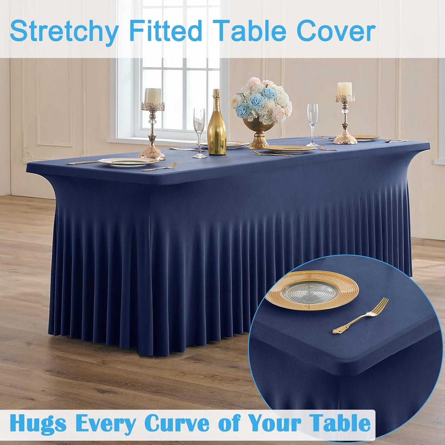 4pk Navy Blue Spandex Tablecloths 6ft for Rectangle Tables, Wrinkle Free Classy Table Skirt Stretchy Fitted Table Cloths Covers 6 Foot for Weddings Birthday Party Events Banquette Baby Shower