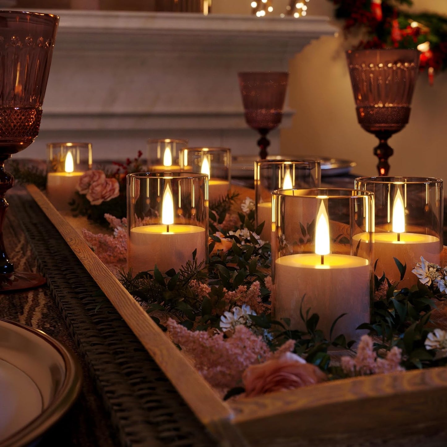 6Pack Flickering Flameless LED Candles with Timer, Battery Powered - Small Pillar & Votive, Clear (2"X3")