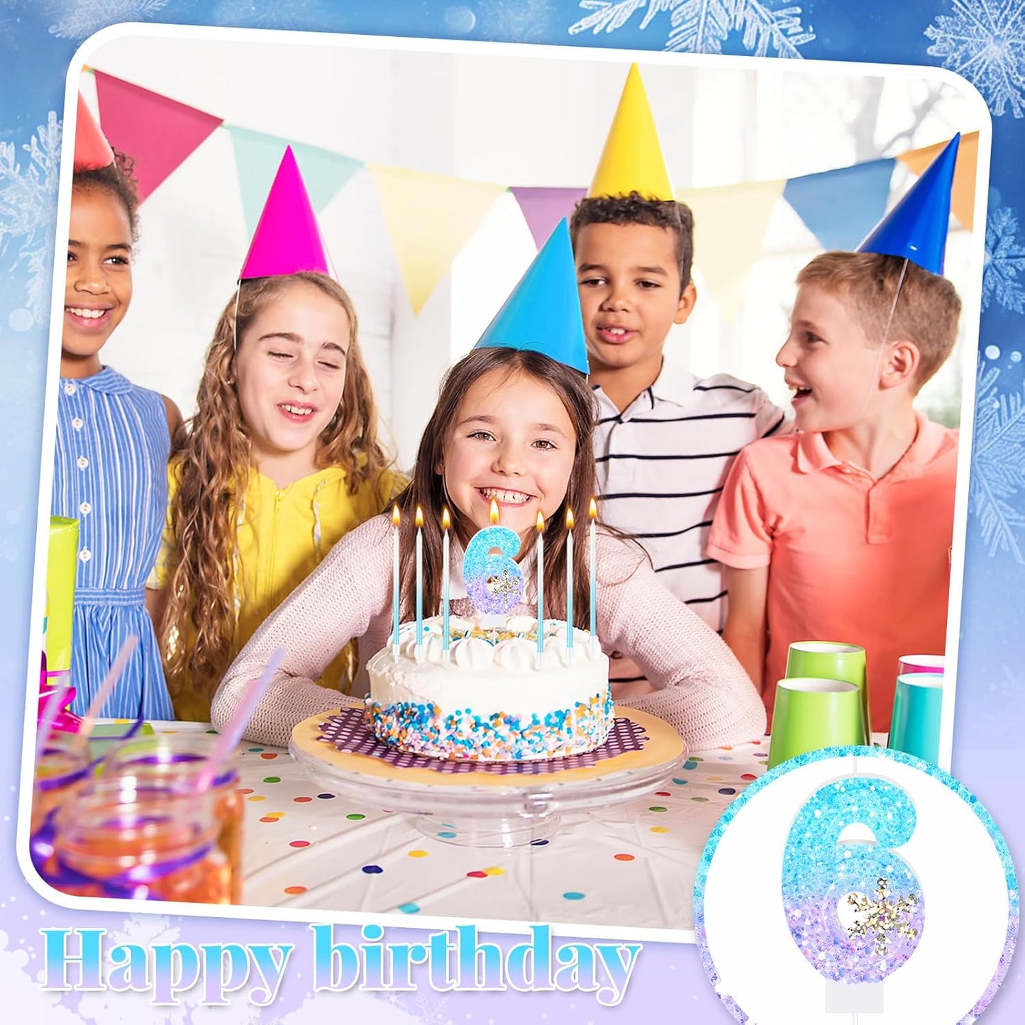MTLEE Number 6 Birthday Candle Blue Snowflake with 6 Long Thin Cupcake Candles Blue Sparklers Glitter Number Happy Birthday Cake Topper Decorations for Winter Party Supplies
