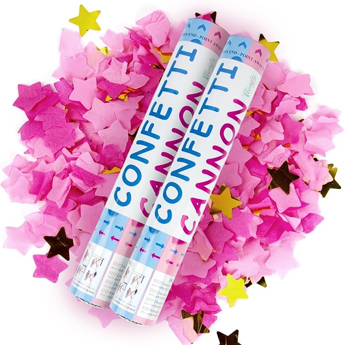 2 Pack Gender Reveal Confetti Cannon, 12 in Pink Star shaped Paper Party Poppers Cannons, Confetti Poppers For Baby Girl Gender Reveal Baby Showers (Star, Pink)