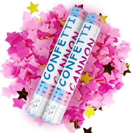 2 Pack Gender Reveal Confetti Cannon, 12 in Pink Star shaped Paper Party Poppers Cannons, Confetti Poppers For Baby Girl Gender Reveal Baby Showers (Star, Pink)