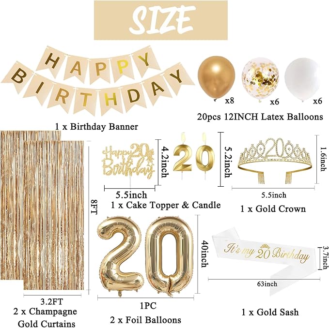 Trgowaul Happy 20th Birthday Decorations for Girls, Banner, Sash and Crown, Cake Topper, 20 Number Balloon, Fringe Curtains, Champagne Gold 20th Birthday Party Supplies