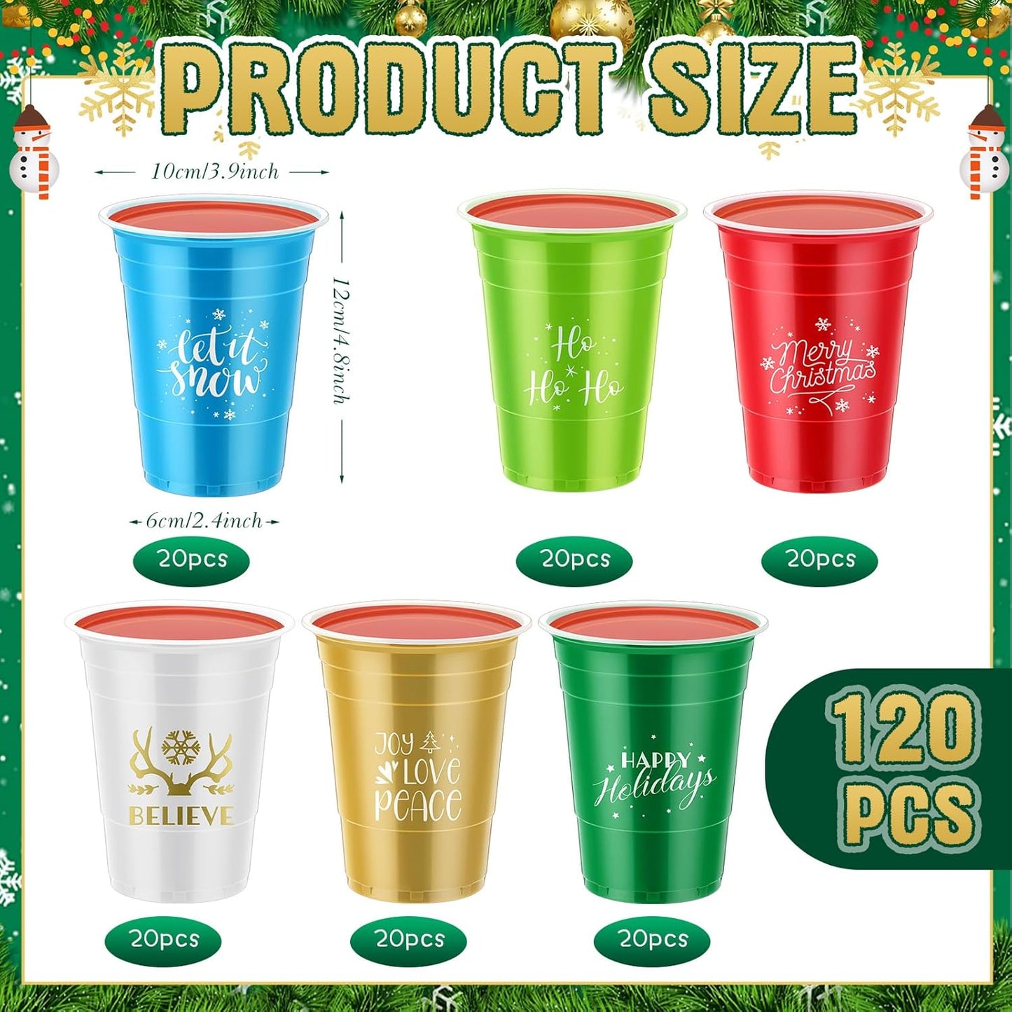 Sliner 120 Pcs 16 oz Christmas Plastic Disposable Cups Bulk Snowflake Elk Star Christmas Tree Drinking Cups for Xmas Birthday Party Supplies (Multicolor)