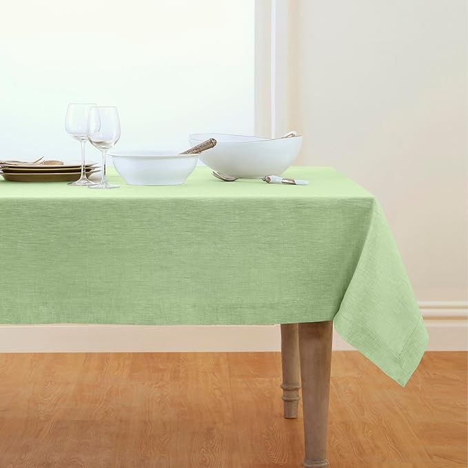 Solino Home Linen Tablecloth 60 x 108 Inch - 100% Pure Linen Chambray Green Table Cloth for Rectangular Tables - Athena, Machine Washable Cloth Tablecloth for Spring, St Patricks Day, Easter