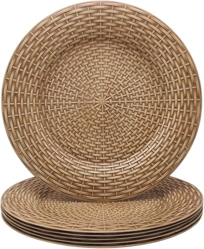 13 Inch Antique Brown Charger Plates Set of 6, Round Plastic Service Plates with Faux Rattan Woven Texture, Matte Finish Under Plates for Wedding, Party, Christmas and Fine Dining (513RB)