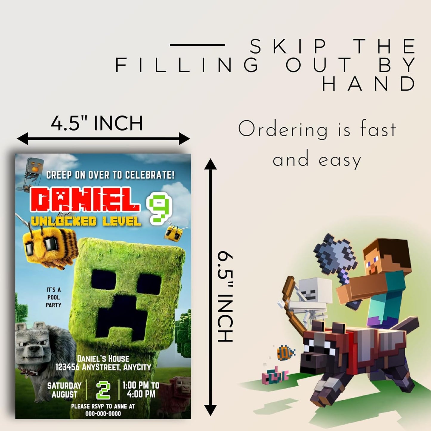 Fully Customizable minecraft Birthday Party Invitations, 4 x 6 inches, with Self-Sealing Envelopes, Gaming Theme Design, minecraft Birthday Invitations for Boys and Girls (Mnecraft/Creeper)