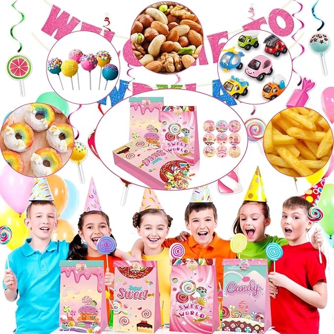 12Pcs Candy Sweet Land Goodie Bags with Stickers Lollipop Gift Bags Candyland Themed Party Favors Goody Treat Bag for Birthday,Baby Shower,Weddings,Guraduations Candy Shop Theme Party Supplies Decor