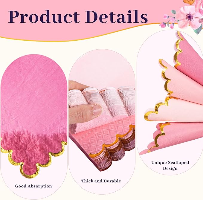 100 Pcs Pink Cocktail Napkins with Gold Foil Scalloped Edges 5 x 5 Inch Dessert Napkins Disposable Thick Paper for Wedding Dinner Birthday Party