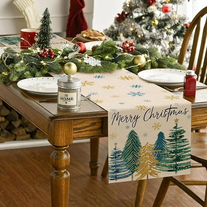 Xmas Trees Snowflakes White Merry Christmas Table Runner, Winter Holiday Kitchen Dining Table Decoration for Home Party Decor 13x72 Inch