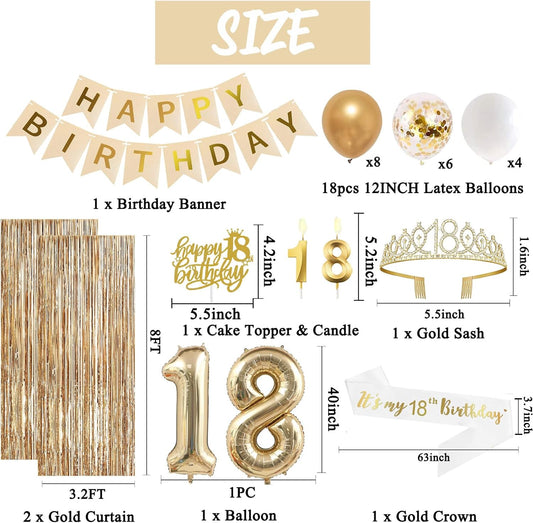 Trgowaul Happy 18th Birthday Decorations for Girls, Banner, Sash and Crown, Cake Topper, 18 Number Balloon, Fringe Curtains, Champagne Gold 18th Birthday Party Supplies