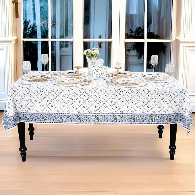Ridhi Hand Block Print Powder Blue Rectangle Cotton Tablecloth 120" x 60" Reusable Table Cover Decorative Everyday Use for Dining, Farmhouse, Home Gift for Spring, Easter, Valentine