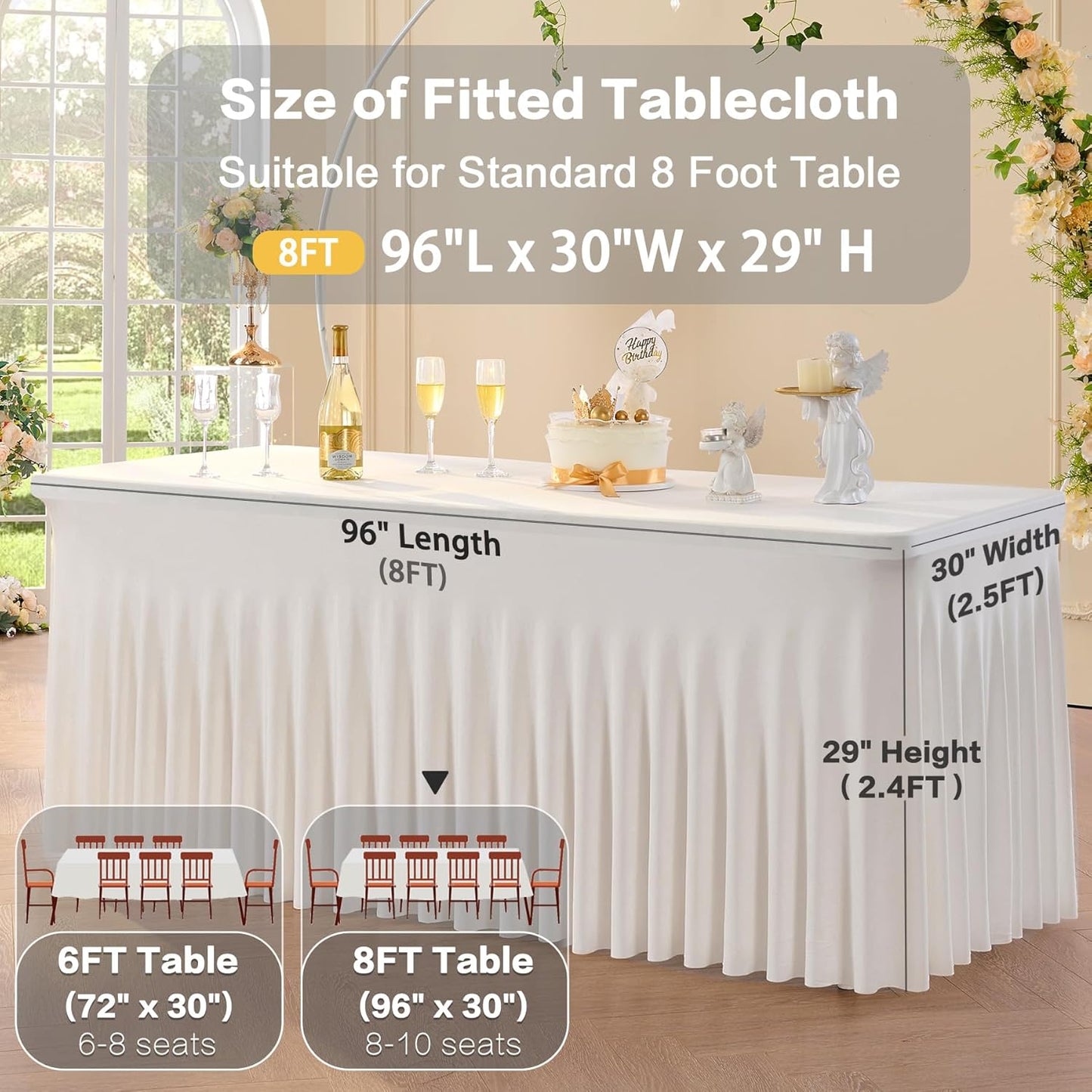 3 pk Ivory Spandex Table Clothes for 8 Foot Rectangle Tables, Stretch Table Cloths 8 ft Fitted Table Cover Desk Skirt for Parties Weddings Birthday Banquet Baby Shower