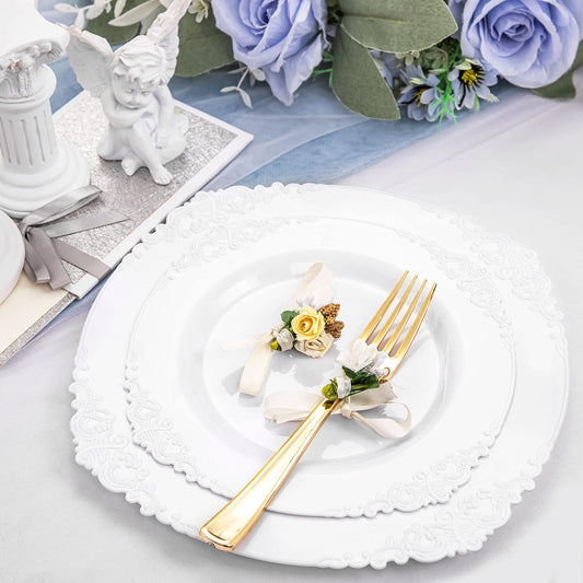 Morejoy 100PCS White Plastic Plates，White Disposable Plates，Include 50 Pieces 10.25 Inch Dinner Plates & 50Pieces 7.5 Inch Dessert Plates,Perfect for Weddings & Party