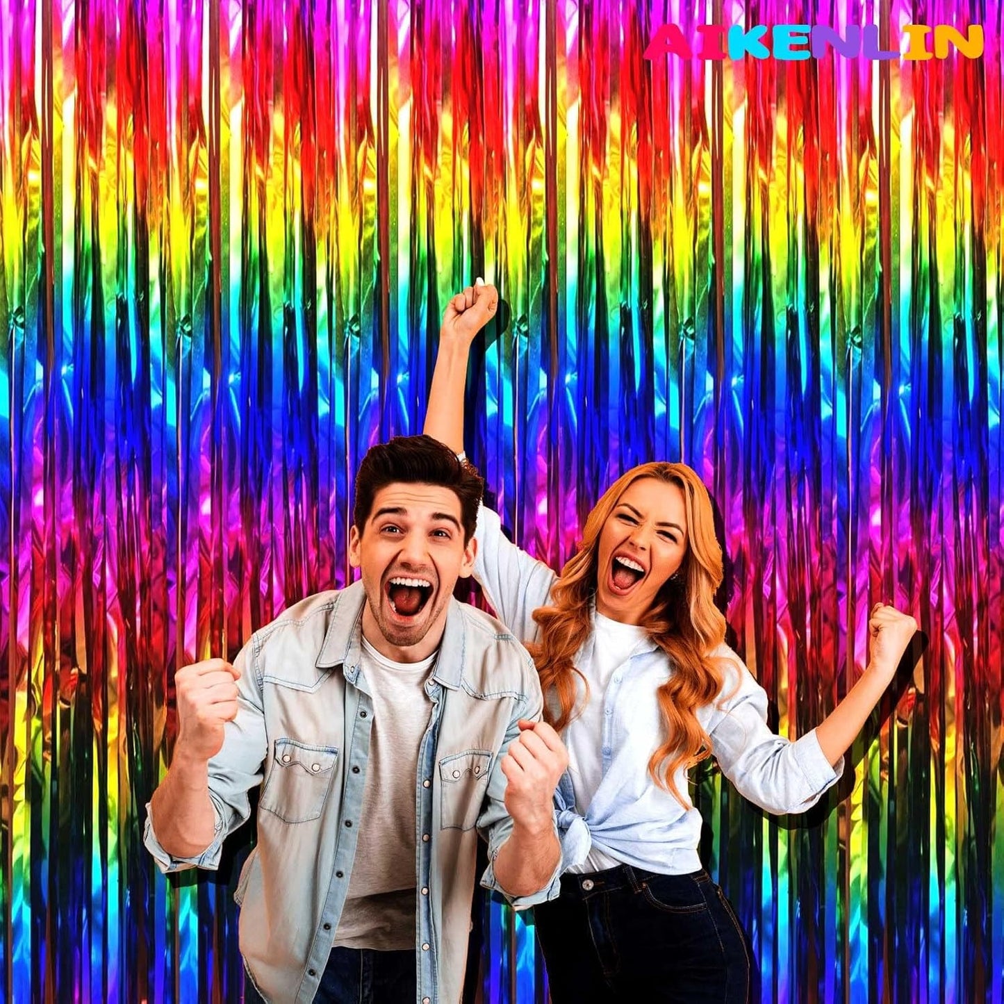4 Pack 3.3Ft x 6.6Ft Rainbow Foil Fringe Curtain Backdrop, Colorful Metallic Tinsel Foil Fringe Streamers Curtains Background for Photo Booth, Birthday, Wedding, Valentine's Day Party Decoration