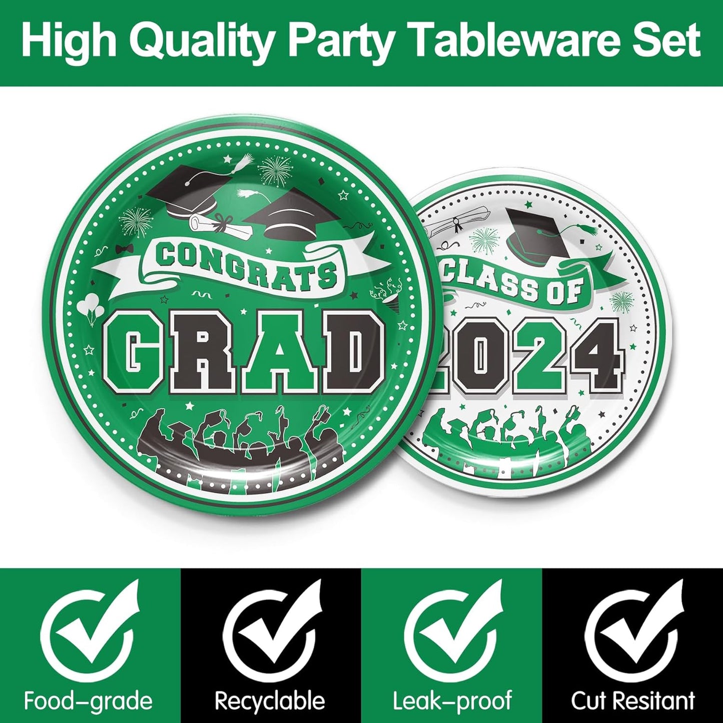 Graduation Decorations Class of 2025 - Graduation Party Supplies 2025 Include Plates, Cups, Napkins, Cutlery, 24 Guests (Green)