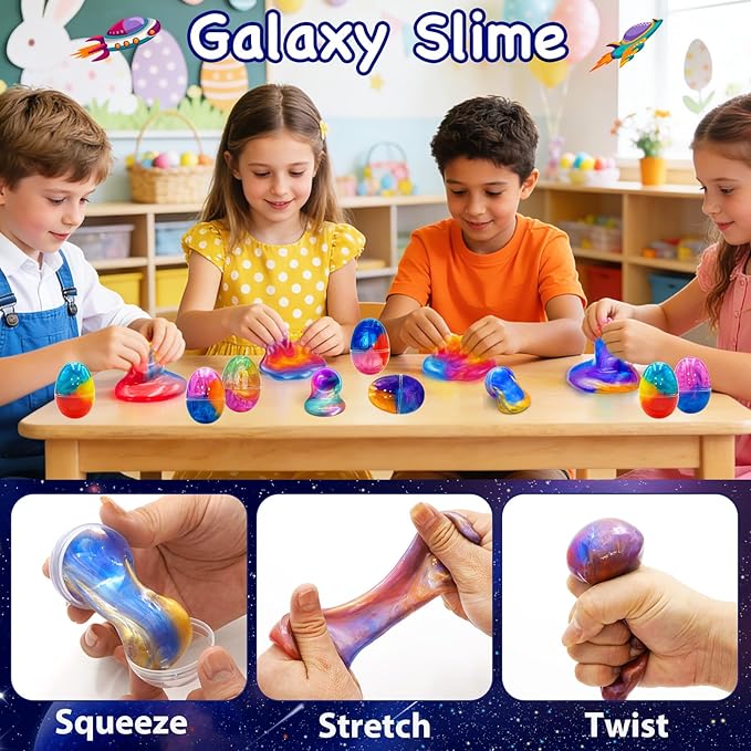 12 Pack Prefilled Easter Galaxy Slime Eggs,Galaxy Slime Easter Egg Fillers Stress Relief Easter Egg Hunt Filling Treats Classroom for Kid Teens Boy Girl Easter Basket Stuffers Easter Party Favor