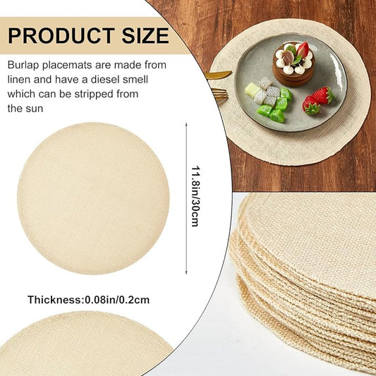Yunlly Set of 48 Round Burlap Placemats Bulk Burlap Farmhouse Placemats Set Heat Resistant Table Mats Circle Jute Charger Place Mats for Wedding Holiday Dinner Rustic Table Decorations(11.8 in,Beige)