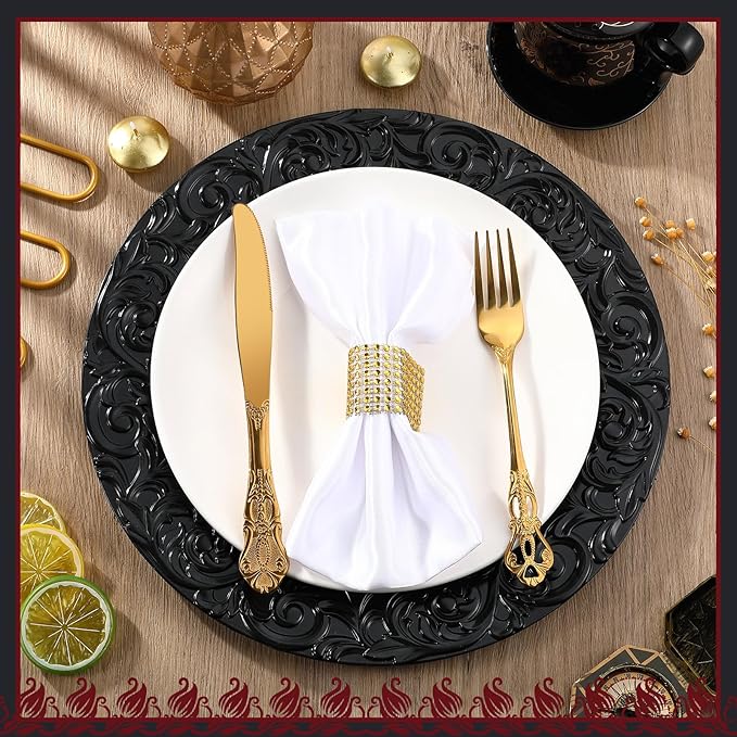 Uiifan 50 Pcs Antique Charger Plates Bulk 13'' Plastic Plate Chargers Decorative Embossed Rim Round Plates for Wedding Party Event Dinner Kitchen Table Setting Decoration (Black)