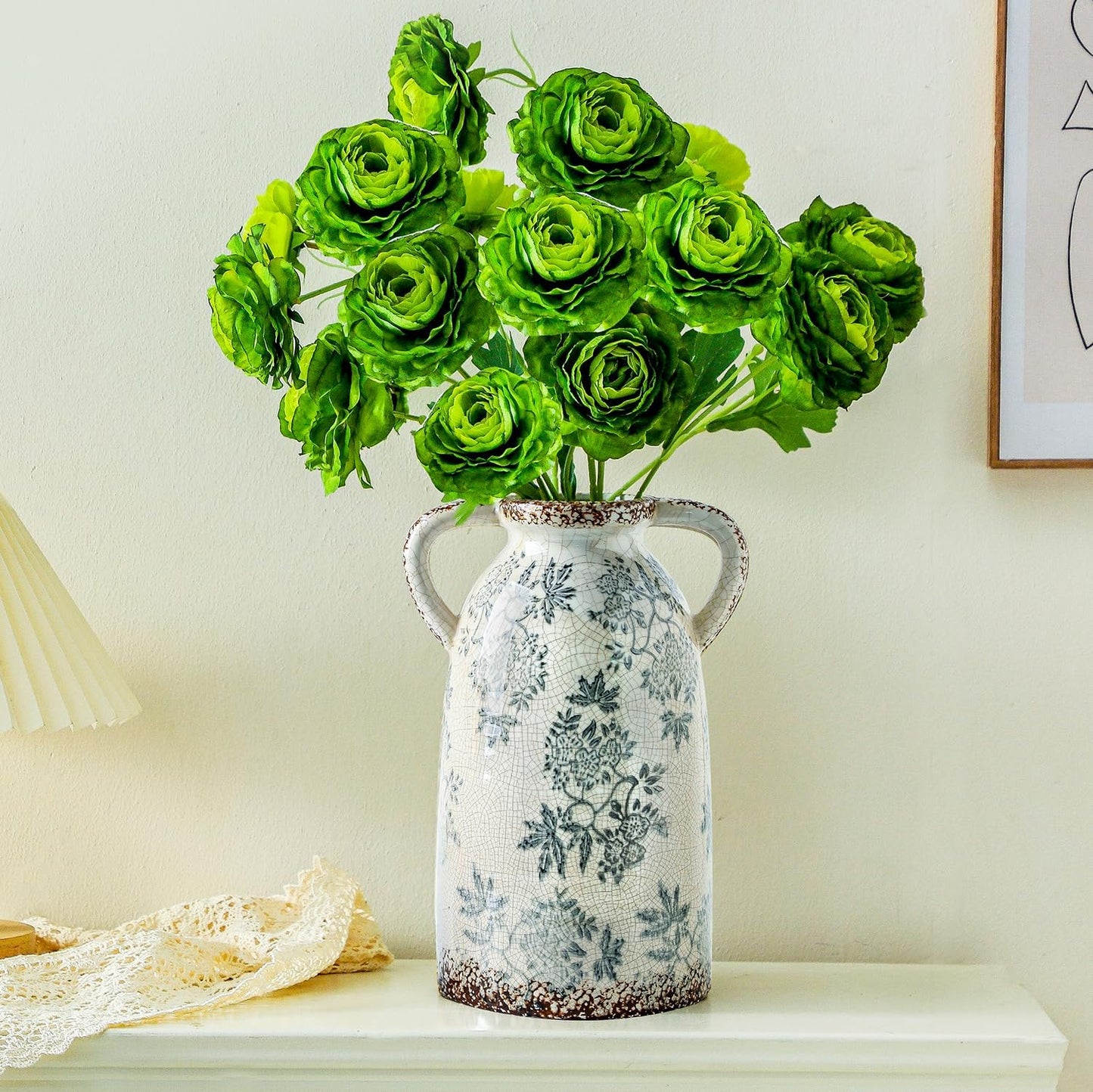 Enra Tall Vintage Blue and White Ceramic Vase with Handle, 11.2 Inch Chinoiserie Decorative Floral Vase, Large Rustic Ceramic Vase for Living Room, Office, Bookshelf, Home Decor