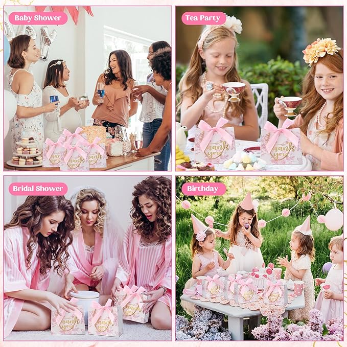 Kolldenn 40 Pcs Small Thank You Floral Gift Bags 5.5''x 2.4''x 4.7'' Pink White Paper Party Favor Bag with Handle Chinoiserie Floral Bag Bulk with Ribbon for Wedding Birthday Bridal Baby Shower