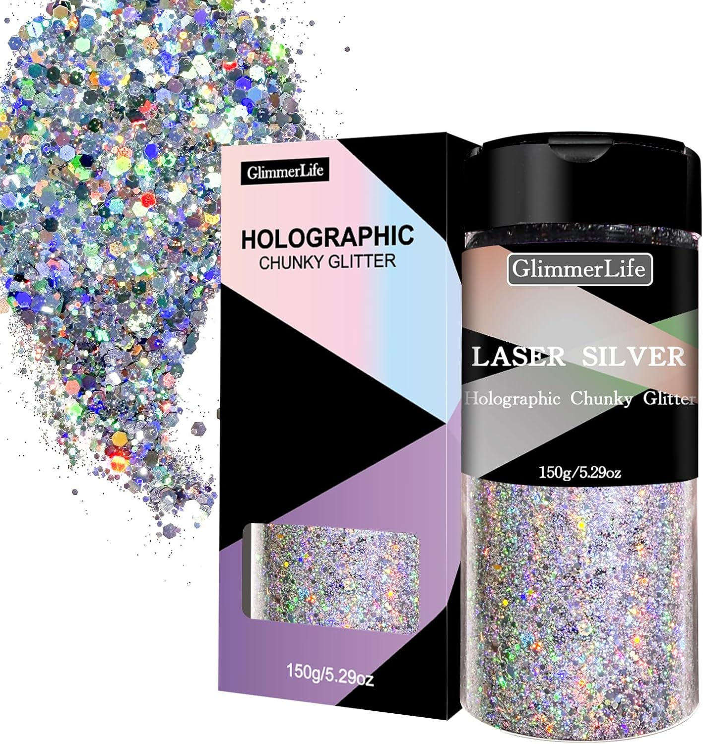 GlimmerLife Silver Chunky Glitter, 150G/5.29OZ, Craft Glitter, Metallic Iridescent, Holographic, DIY Decorations