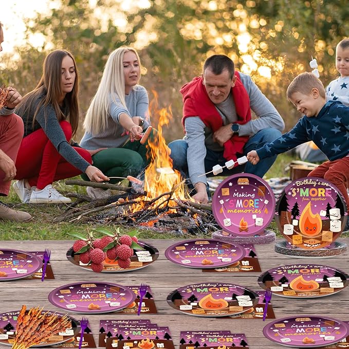 OBUSATT 96Pcs S'Mores Birthday Party Supplies - Smores Bonfire Birthday Paper Plates, Napkins, Marshmallows & Dinnerware for 24