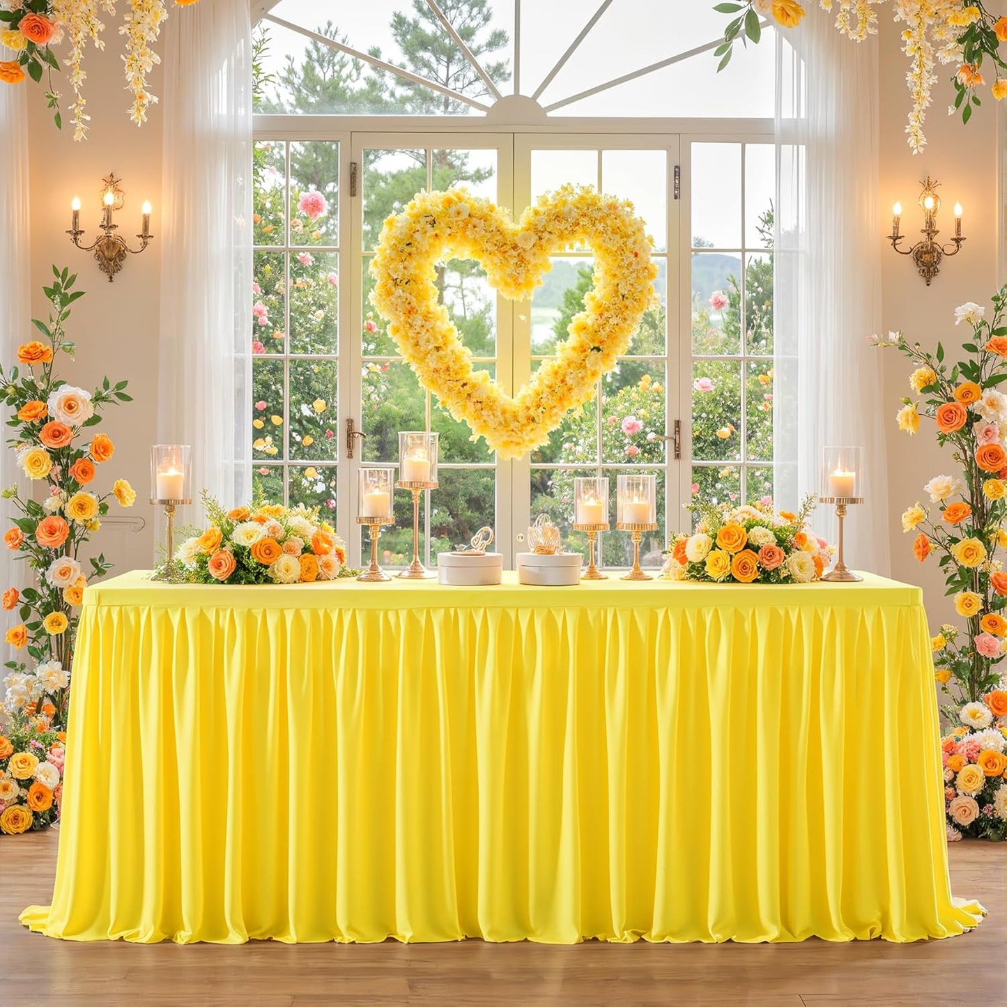 Yellow Table Clothes for Rectangle Tables 6ft, Wrinkle Resistant Fitted Table Cloth with Pleated Ruffle Skirts for Banquet Wedding Baby Shower Folding Tables