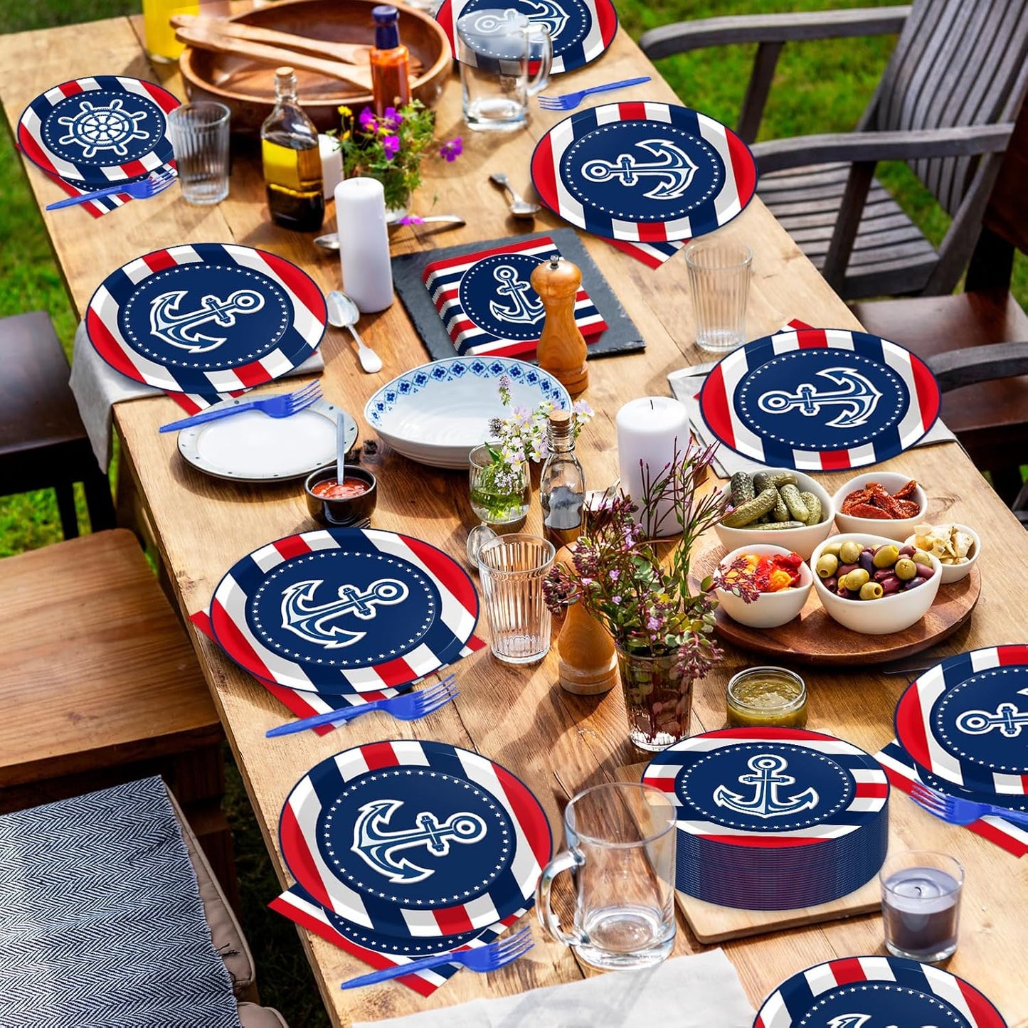 50 Guests Nautical Anchor Party Supplies Anchor Theme Plates Napkins Sailor Boat Ship Party Decorations Nautical Disposable Paper Tableware Set for Baby Shower Birthday Party Boys Girls Kids 200PCS