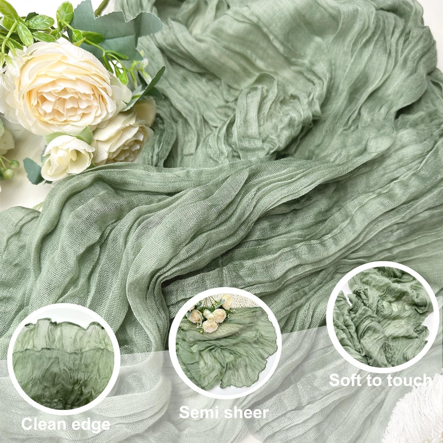 Booque Valley Dusty Green Cheesecloth Table Runner 10ft Super Soft Boho Wrinkled Gauze Sheer Cloth for Baby Shower Baptism Birthday Party Wedding Centerpiece Table Decoration, 35x120 Inch