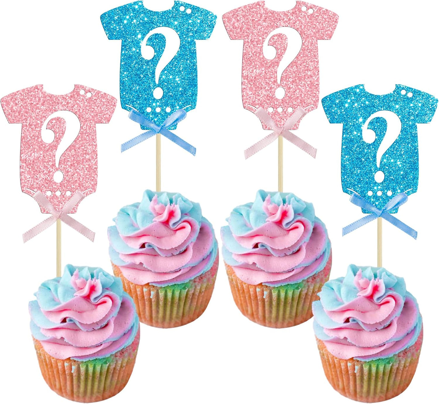 Ephlyn 24Pcs Gender Reveal Cupcake Toppers Glitter Pink Blue Bow Onesie Question Mark Boy or Girl Cake Topper Decorations for Baby Shower Theme Gender Reveal Kids Birthday Party Supplies Blue Pink