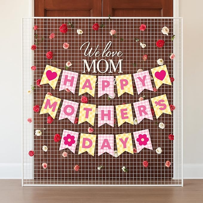 Happy Mother's Day Banner Set Decoration for Mother's Day Party Decorations Backdrop Garland for Mom Mother's Day Glitter Garland Photo Props (Yellow Heart Plaid)