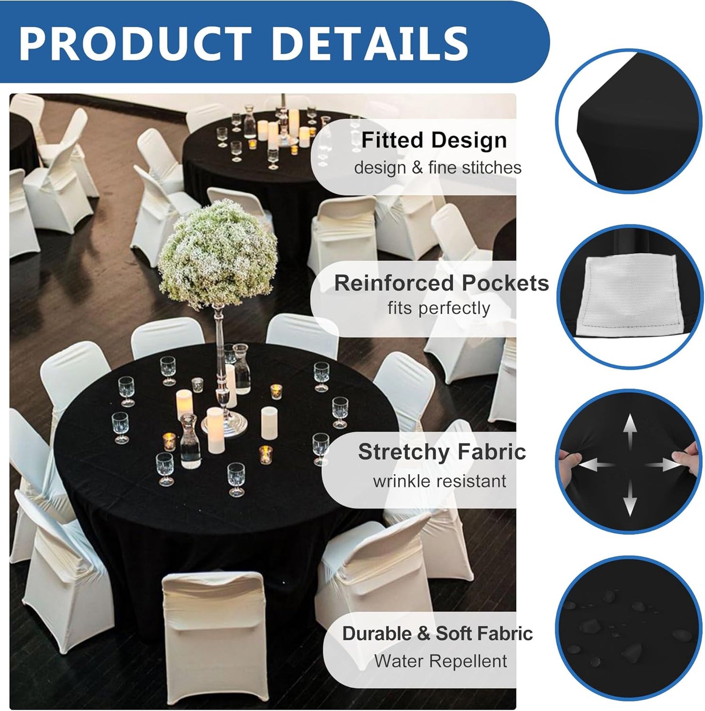 Fitted Table Cloth Round Cover 4ft-Spandex Elastic Table Covers 6 Pack 48 Inch-Black Small Stretch Folding Tablecloth for Weddings Banquets Restaurant Event Parties Vendor Stand Tables