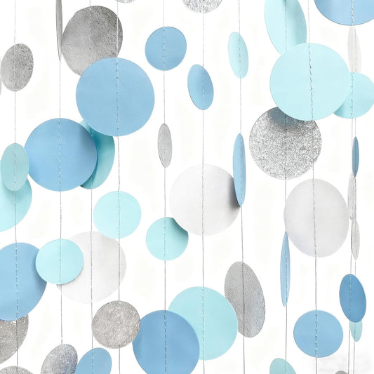 Dusty Blue Silver White Polka Dots Garland Hanging Paper Circle Dot Streamer for Nautical Baby Shower Birthday Wedding Engagement Bridal Shower Retirement Graduation Hen Party Decorations Supplies