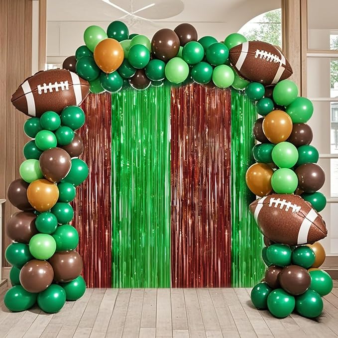 4 Packs Football Foil Fringe Curtain, Brown Green Glitter Metallic Tinsel Backdrop for Birthday, Baby Shower, Super Bowl, Football Game Day Party Decorations Supplies