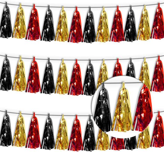 3P Red-Black Gold Tassel Banner Garland Metallic Foil Fringe Banner Tinsel Tassels Streamer Banner Backdrop for Parade Floats, 2025 Graduation Decorations, Baby Bridal Shower Party Decoration