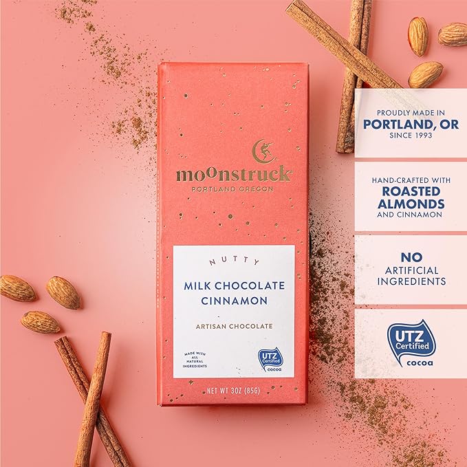 Moonstruck Chocolate Milk Chocolate Bar with Cinnamon Vanilla and Almond, 31% Cacao, 3.0oz (Pack of 12)
