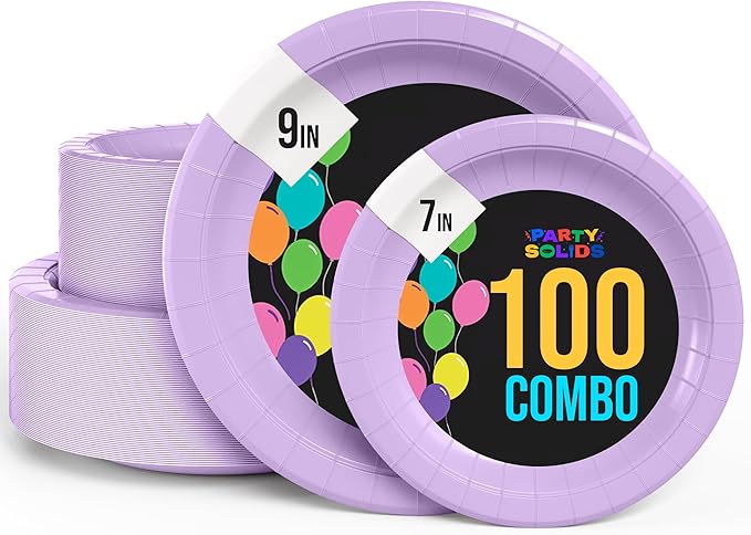 Exquisite Lavender Paper Plates Disposable Heavy Duty 100 Pcs - 50-7" & 50-9" Lavender Disposable Plates For Party Heavy Duty Paper Plate 350 GSM Birthday Party Supplies Plate Set