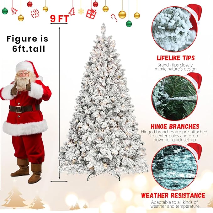 9FT Prelit Flocked Christmas Tree with 850 Lights & 2240 Branch Tips, Pre Lit Hinged Xmas Tree with Memory Wire Technology, Premium Artificial Christmas Tree with Pine Cone for Holiday Decoration