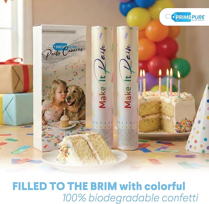 PrimePure Confetti Cannon Party Poppers - Biodegradable Multicolor Rectangular Confetti Poppers - 2 Pack - Party Cannon Shooters Gun for Wedding, Birthdays, Celebrations