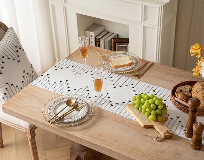 Boho Table Runner 13 x 90 Inch Long Natural Cotton Woven Runner with Tassels for Home Dining Table décor, for Modern Farmhouse Decor Coffee Table Runner, Black and Beige