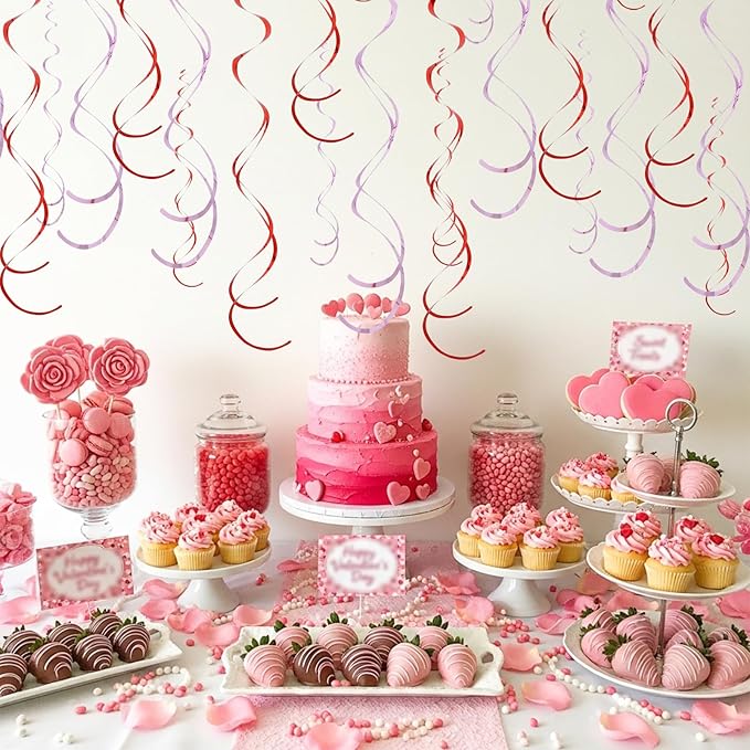 BEISHIDA Red Pink Hanging Swirls Party Decorations Plastic Streamer for Bachelorette Hanging Ornament Decorations, Valentine Wedding Girl Birthday Mother‘s Day Party Supplies, Pack of 20