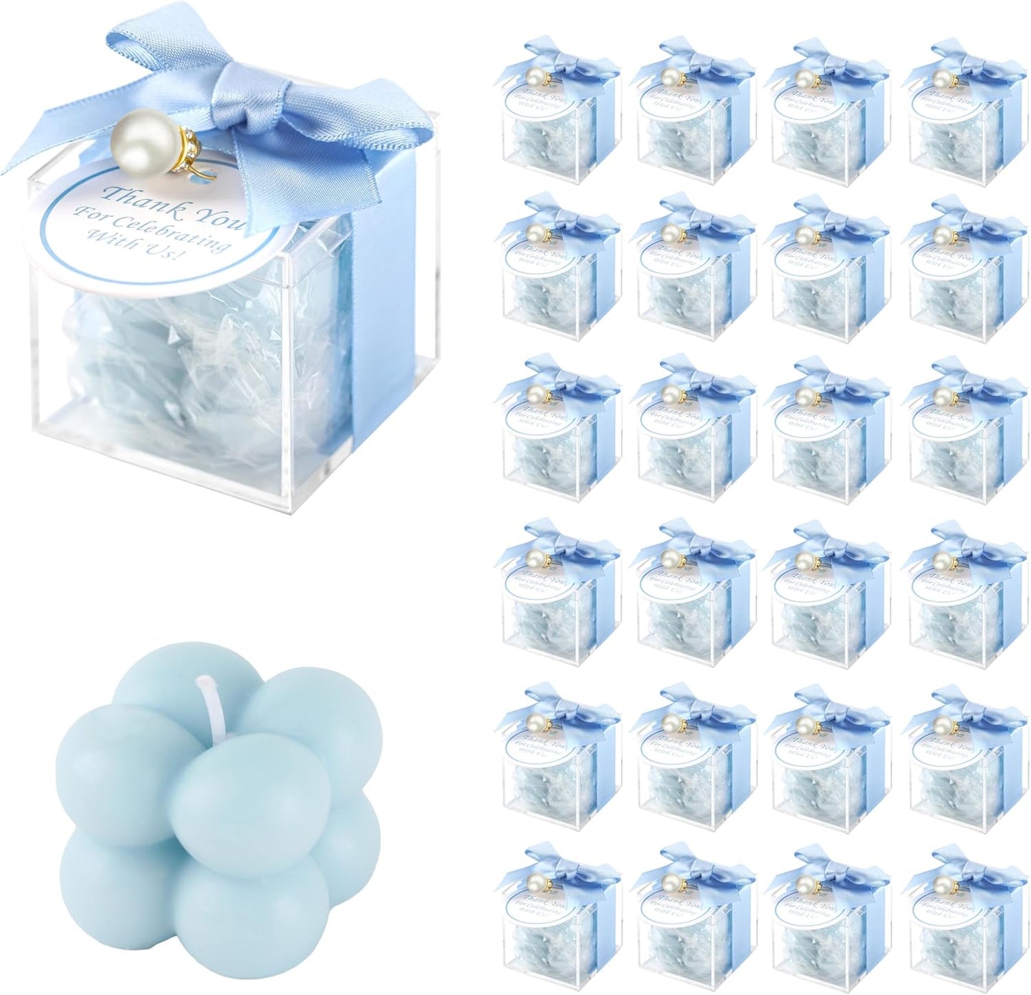 ACITHGL 30 Sets Fully Assembled Small Bubble Candle Party Favors for Guests Bulk Bridal Showers Favors Candles with Stylish Ribbons Thank You Cards Gifts (Blue)